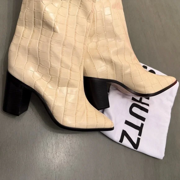 SCHUTZ Maryana Block Heel Boot Ivory Croc Embossed Leather Cowboy Knee High 6B - Picture 8 of 12